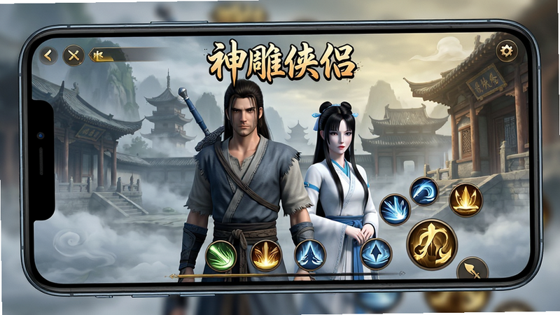 主体为一部智能手机,屏幕显示《神雕侠侣》游戏主界面,画面中央是杨过与小龙女的精美3D角色模型,背景为云雾缭绕的古风建筑,顶部有“神雕侠侣”艺术字Logo,底部排列着清晰的技能图标,整体风格为写实武侠风,色彩以青灰与暖黄为主,光影效果细腻,画质高清,干净无多余元素