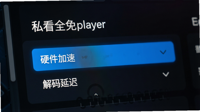 一张展示设置界面的特写,主体为“私看全免player”的设置页面,高亮显示“硬件加速”和“解码延迟”两个选项,背景为深色UI,文字清晰,风格专业,细节丰富,4K画质,无多余元素