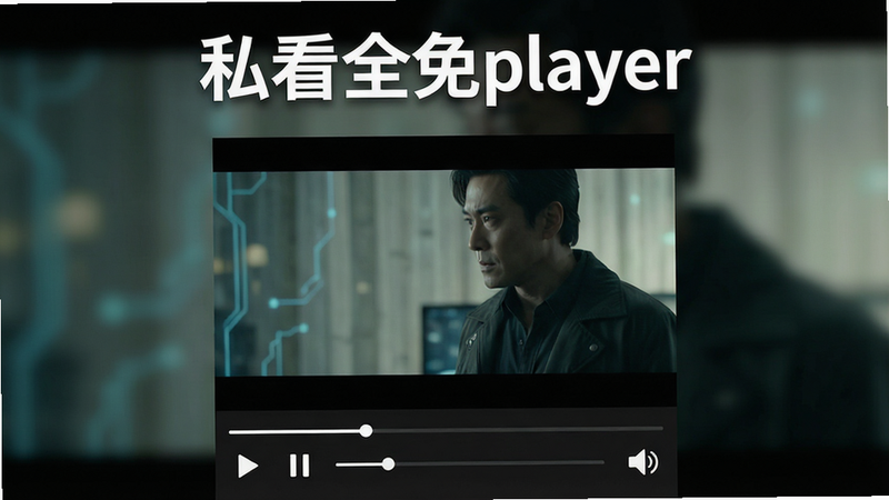一张展示“私看全免player”安卓应用界面的高清截图,主体为深色模式的播放主界面,中央显示一个正在播放的高清电影画面,底部有简洁的控制条,包含播放/暂停、进度条和音量图标,背景模糊处理以突出软件名称“私看全免player”的白色Logo,风格现代简约,科技感强,4K分辨率,无多余元素
