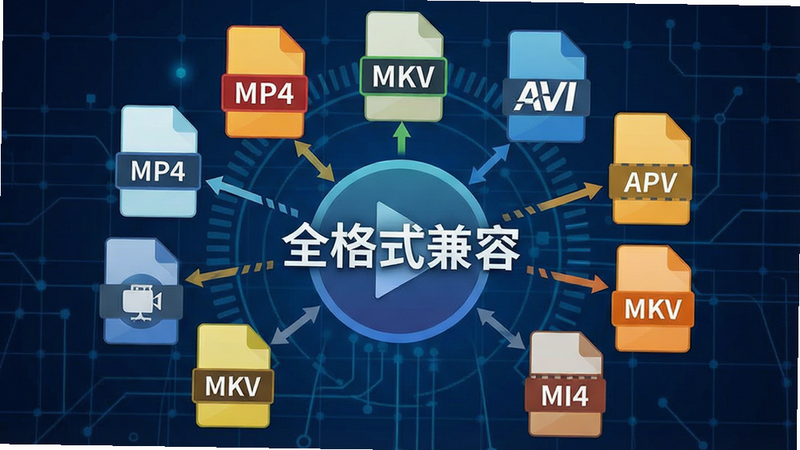 一张展示视频格式兼容性的示意图,主体为多个不同格式的文件图标(MP4, MKV, AVI等)汇聚到一个中央的播放按钮上,背景为深蓝色科技网格,中央显示文字“全格式兼容”,风格扁平化,色彩鲜明,高清细节,无多余元素