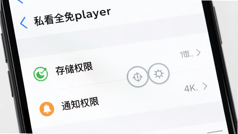 一张展示手机设置界面的特写,主体为“私看全免player”的权限设置页面,高亮显示“存储权限”和“通知权限”,背景为白色,文字清晰,风格简洁,4K画质,无多余元素