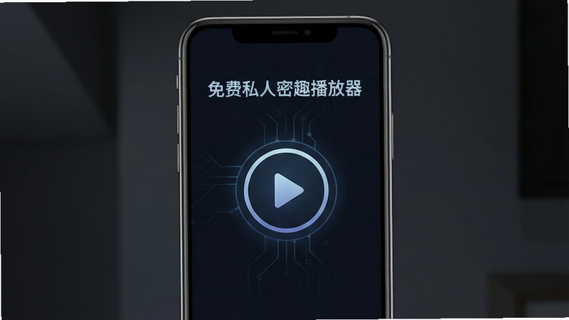 主体为智能手机屏幕,显示“免费私人密趣播放器”应用界面,深色背景,中间有一个播放按钮图标,布局简洁,排版对称,风格现代科技感,细节清晰,画质高清,干净,无多余元素