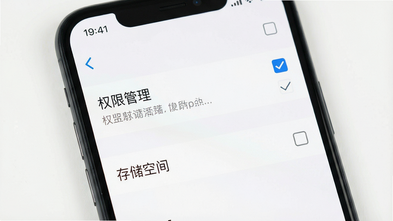 主体为手机设置界面,显示“权限管理”和“存储空间”选项,背景为白色,布局列表式,排版清晰,风格扁平化,细节包含勾选框,画质清晰,干净,无多余元素