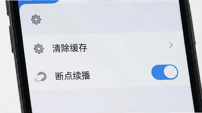 主体为手机设置界面,显示“清除缓存”和“断点续播”开关选项,背景为浅灰色,布局列表式,排版整齐,风格商务简约,细节包含齿轮图标,画质清晰,干净,无多余元素