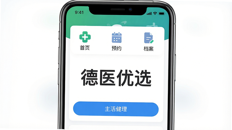����һ��չʾ��ҽ��ѡAPP�������ͼƬ������Ϊ�ֻ���Ļ����ʾ�����Ľ��������Ǳ��̣��������࣬�Ű������ҳ��ԤԼ��������ͼ�꣬���Ϊ�ִ���ƽ����ƣ�ϸ����ʾ��ɫʮ�ֱ�־����ɫ��ť�����ʸ��壬�ɾ����޶���Ԫ�أ����֡���ҽ��ѡ��������Ŀ