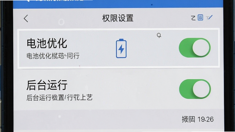 主体为手机设置界面截图,高亮显示“电池优化”与“后台运行”选项,布局清晰,风格系统原生,细节展示开关状态,画质清晰,干净无干扰元素,文字清晰可读,标注“权限设置”