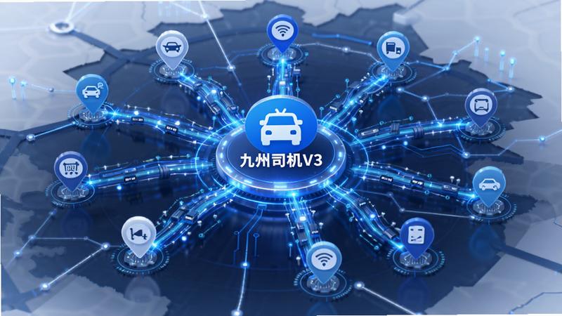 主体为抽象的数据流与地图连接示意图,中心为“九州司机V3”图标,周围环绕着多个订单标记点,布局呈放射状,风格科技感强,蓝色与白色为主色调,细节展现数据流动的光效,画质清晰,干净无杂乱线条,文字标注“智能派单”