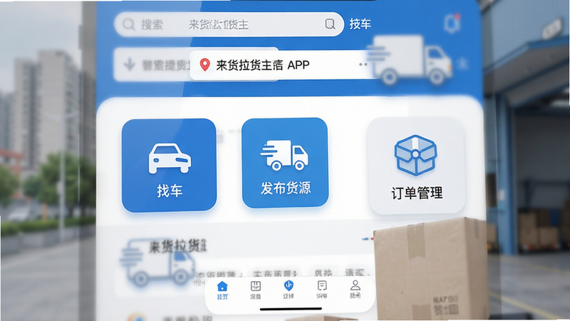 主体为来货拉货主APP的主界面预览图,布局清晰,顶部显示搜索栏与定位信息,中部为核心功能区,包含‘找车’、‘发布货源’、‘订单管理’三个大图标,底部为导航栏。风格为现代简约UI设计,扁平化风格,色彩以品牌蓝白色调为主,细节展现高清图标质感,画质4k,干净无多余元素,文字‘来货拉货主’清晰可见