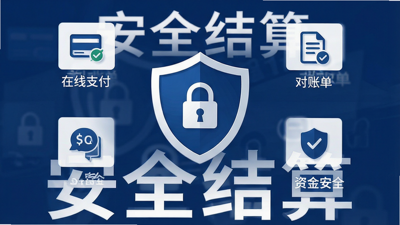 主体为结算页面预览,布局中心突出‘担保交易’盾牌图标,周围环绕‘在线支付’、‘对账单’、‘资金安全’等小图标。风格商务专业,深蓝色背景,白色文字,细节展现锁形安全标识,画质清晰,干净无冗余装饰,文字‘安全结算’醒目