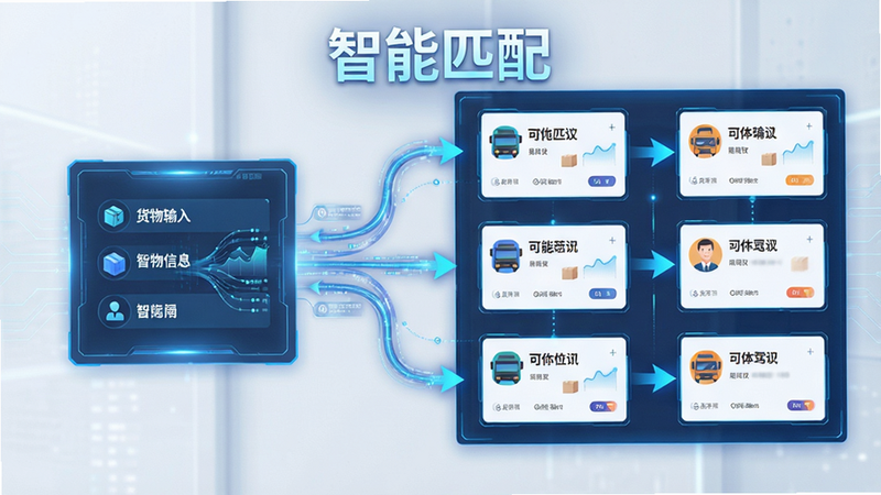 主体展示智能匹配算法示意图,布局为左右结构,左侧为货物信息输入框,右侧为多个司机卡片列表,箭头连接表示匹配过程。风格科技感十足,线条简洁,蓝色光效点缀,细节展示数据流动效果,画质高清,干净无背景杂物,文字‘智能匹配’突出显示
