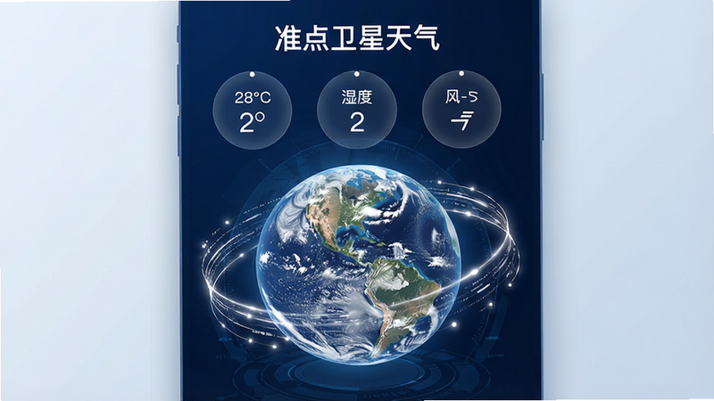 一张展示准点卫星天气应用界面的高清设计图,主体为深蓝色科技感背景,中央悬浮一个半透明的地球卫星云图模型,周围环绕着白色的数据流光效,界面顶部清晰显示“准点卫星天气”白色文字标题,下方排列着温度、湿度、风向三个圆形数据卡片,整体风格现代、简洁、具有未来感,4K分辨率,无多余装饰元素