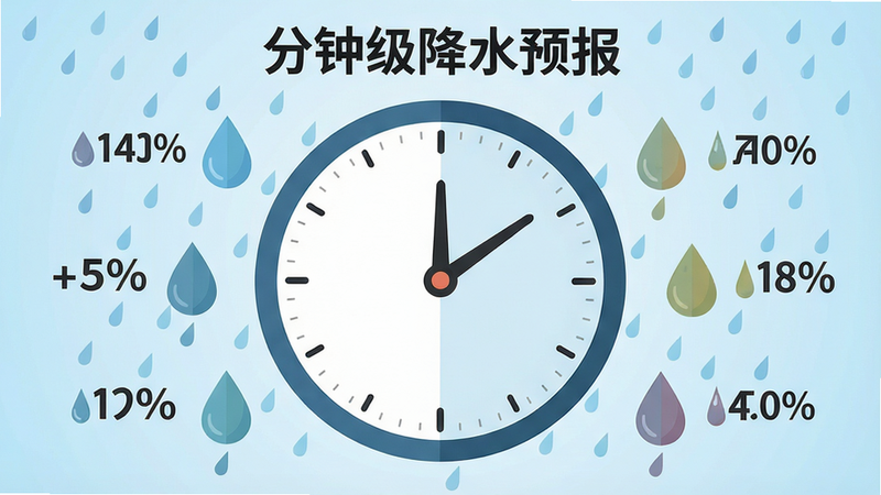 一张信息图表风格的设计,中心是一个巨大的时钟图标,指针指向特定时间,周围环绕着雨滴图标和百分比数字,背景为浅蓝色渐变,文字标注“分钟级降水预报”,字体清晰,布局对称,风格扁平化,色彩和谐