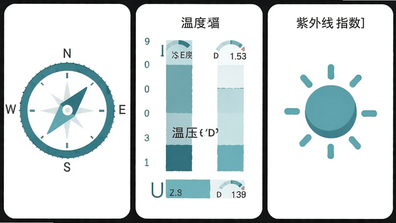 一张UI界面拼贴图,左侧是风速风向的罗盘图标,中间是湿度和气压的条形图,右侧是紫外线指数的太阳图标,所有元素排列整齐,背景为白色,图标采用蓝绿色调,风格统一,高清矢量图质感