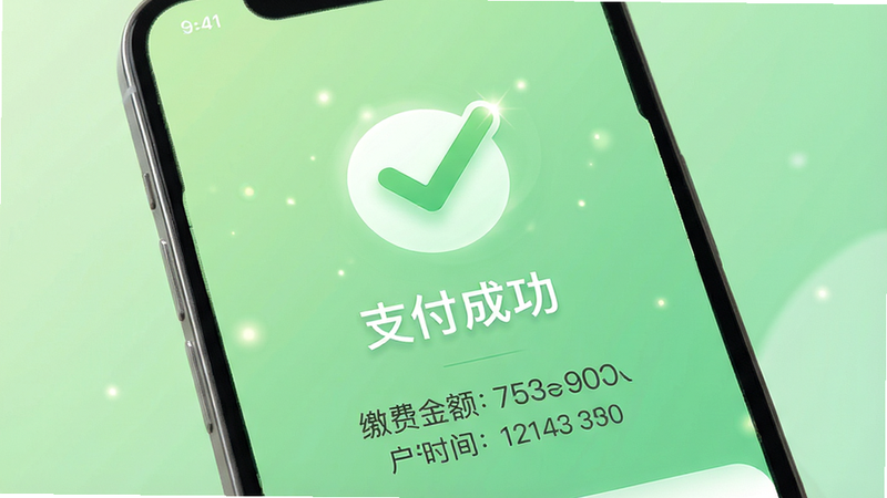 手机界面展示支付成功页面,背景为柔和的绿色渐变,中央显示大大的对勾图标和“支付成功”文字,下方列出缴费金额、户号及时间,布局简洁居中,风格清新现代,细节包含微光效果,画质清晰,无多余元素