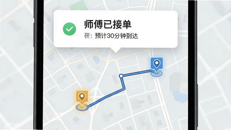 手机界面展示报修进度追踪地图,显示工程师位置移动轨迹,背景为浅灰色地图,上方悬浮显示订单状态卡片,包含“师傅已接单”、“预计30分钟到达”等文字,布局上下结构,风格专业严谨,细节包含定位图标高亮,画质高清,干净