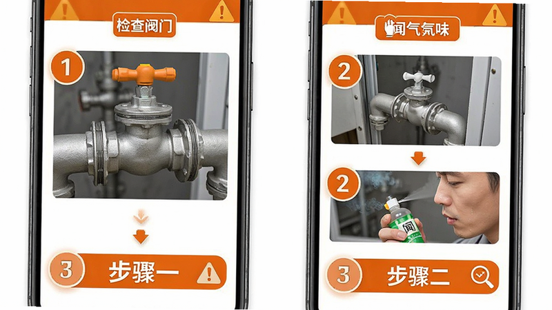 手机界面展示安全自检步骤,采用分步图文引导形式,第一张图展示检查阀门,第二张图展示闻气味判断,布局纵向排列,风格警示橙与白色搭配,细节包含步骤编号圈,画质清晰,无多余元素,文字包含“步骤一”、“步骤二”