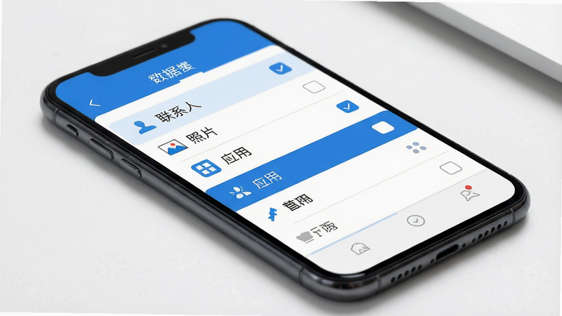 手机界面展示数据分类列表,包括'联系人'、'照片'、'应用'等勾选框,界面UI简洁友好,配色以蓝白为主,布局整齐,风格专业,细节丰富,画质高清,干净无多余元素