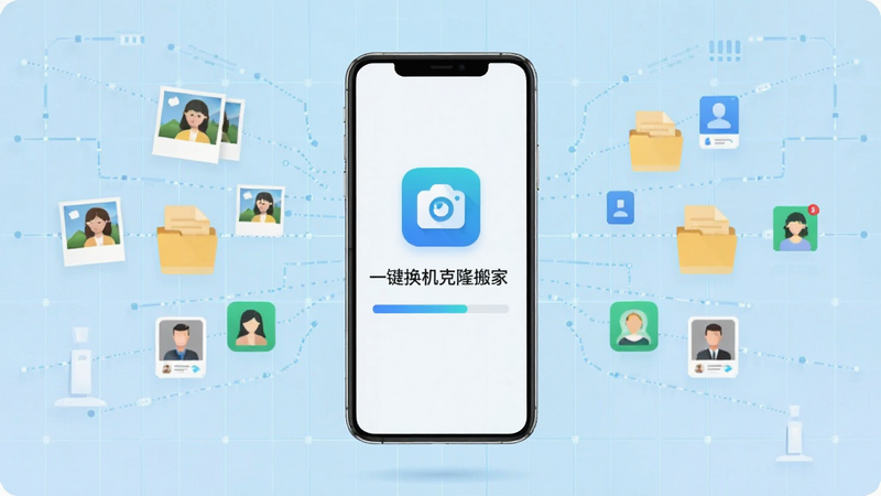 主体为一部崭新的智能手机悬浮在中央,屏幕显示着'一键换机克隆搬家'的应用图标和进度条,背景是淡蓝色的科技网格,周围环绕着照片、文件、联系人等数据图标正流向新手机,布局对称,排版简洁,风格现代扁平化,细节清晰,画质高清,干净无多余元素