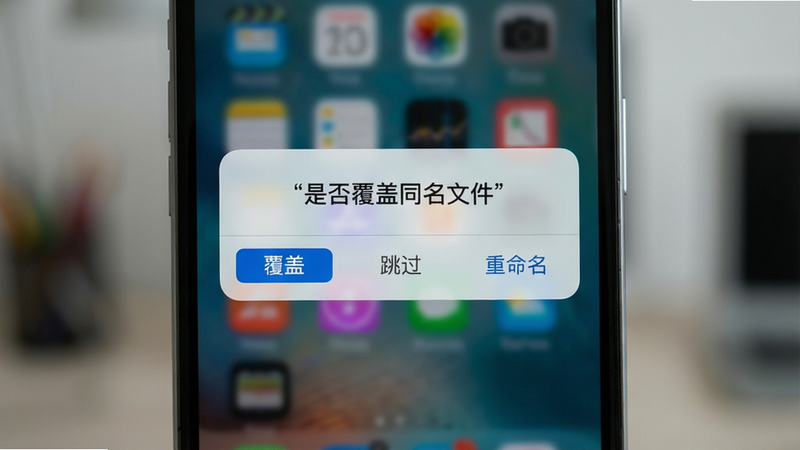 手机屏幕显示一个弹窗,询问'是否覆盖同名文件',下方有'覆盖'、'跳过'、'重命名'三个按钮,界面清晰易读,背景虚化,布局聚焦于弹窗,风格现代,细节精致,画质高清,干净无多余元素