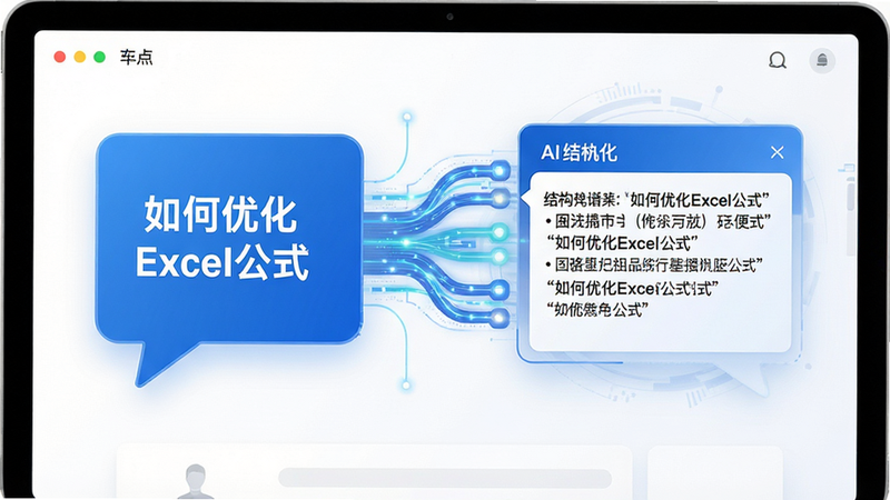 主体为对话气泡界面,左侧用户输入“如何优化Excel公式”,右侧AI回复显示结构化答案,背景为白色简约风格,中间穿插连接数据流的线条特效,布局左右对称,排版疏密有致,风格商务科技,细节清晰,画质高清,干净,无多余元素