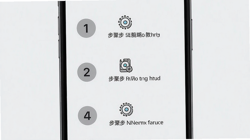 主体为手机屏幕,显示一个清晰的分步骤教程界面,步骤1-4用数字圆圈标记,每个步骤配有简短图标和文字说明,背景为浅灰色,布局垂直排列,排版整齐,风格极简主义,细节精致,画质高清,干净,无多余元素