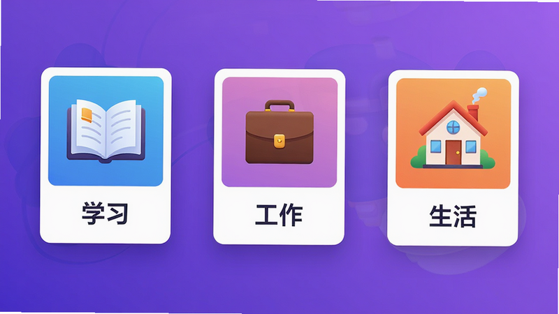主体为三个并排的卡片式界面,分别代表“学习”、“工作”、“生活”三个场景,每个卡片上有对应的图标(书本、公文包、房子),背景为渐变紫色,布局横向排列,排版均衡,风格现代插画,细节生动,画质高清,干净,无多余元素