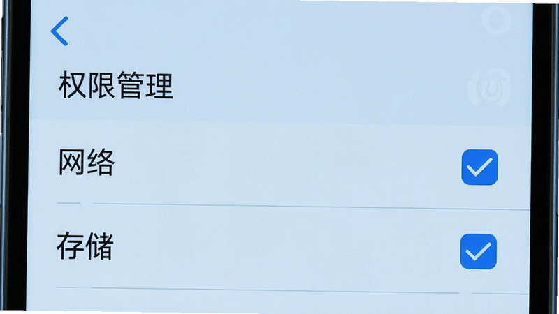 主体为手机设置界面截图,显示“权限管理”列表,其中“网络”和“存储”权限被勾选,背景为浅蓝色,布局为列表形式,排版清晰,风格系统原生,细节准确,画质高清,干净,无多余元素