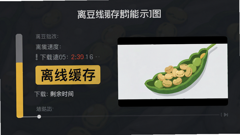 主体为“黄豆魔改”离线缓存功能示意图,布局为左侧进度条右侧视频画面,排版对称,风格为扁平化设计,细节显示下载速度数值与剩余时间,文字内容“离线缓存”高亮显示,画质高清,干净,无多余元素