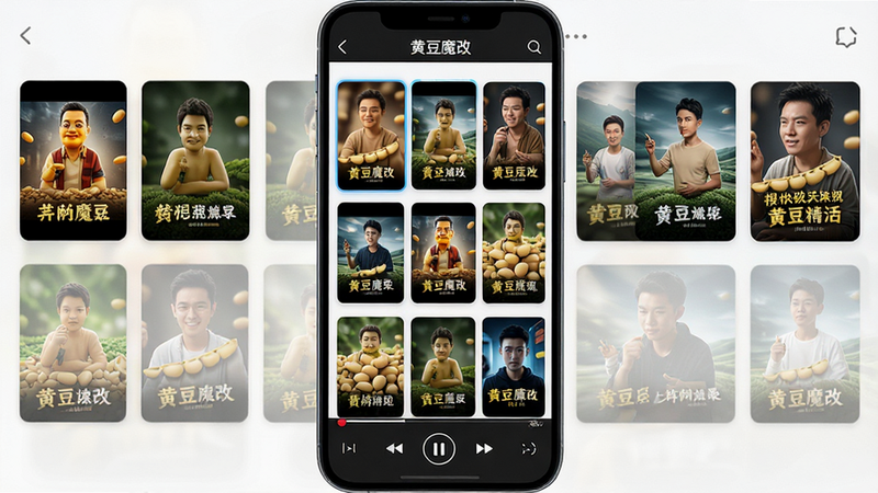 主体为“黄豆魔改”应用界面全景图,布局采用中心聚焦式,排版清晰,风格为现代极简科技风,细节包含高清短剧封面网格与播放控制栏,文字内容“黄豆魔改”置于顶部导航栏,画质4k,干净,无多余元素