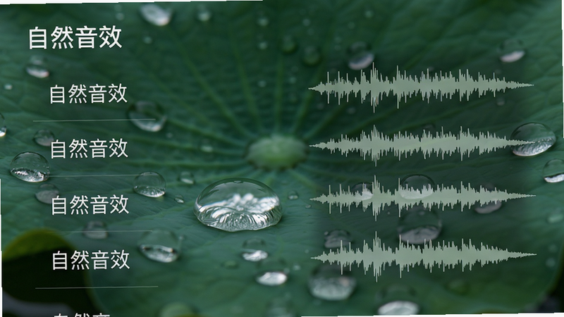 手机界面展示音效选择列表,背景为雨滴落在荷叶上的特写,布局左侧为文字列表右侧为音频波形图,排版清晰有序,风格写实细腻,细节展现雨滴晶莹剔透质感,画质高清,干净,无多余元素,文字标注