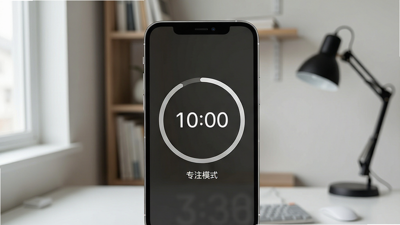 手机界面展示计时器界面,背景为安静的书房一角,布局中央为圆形倒计时环,排版极简主义,风格现代简约,细节呈现倒计时数字清晰可见,画质高清,干净,无多余元素,文字标注