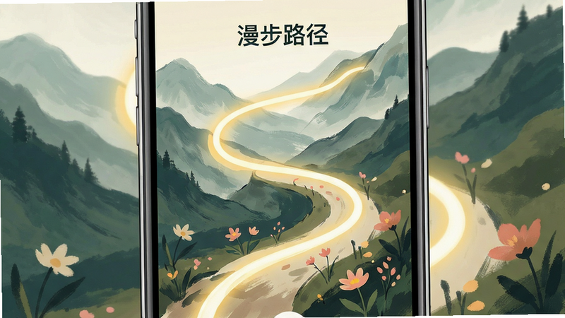 手机界面展示地图路径选择,背景为蜿蜒的山间小路,布局中央为高亮路径线,排版呈S型引导视线,风格写意抽象,细节呈现路径上的花朵点缀,画质高清,干净,无多余元素,文字标注