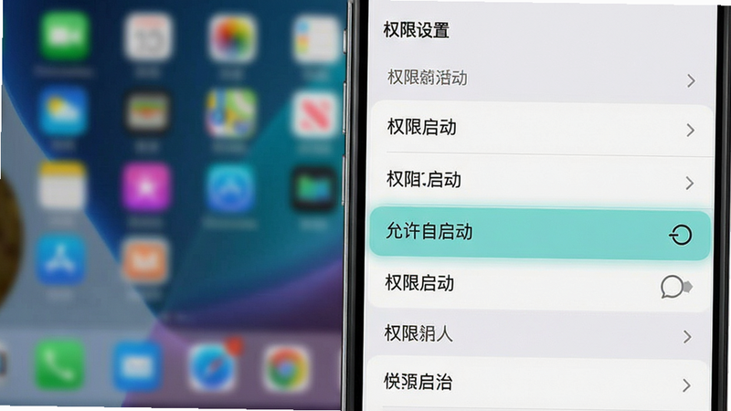 手机设置界面展示权限管理选项,背景为模糊的桌面壁纸,布局为列表形式,排版整齐,风格系统原生感,细节高亮显示