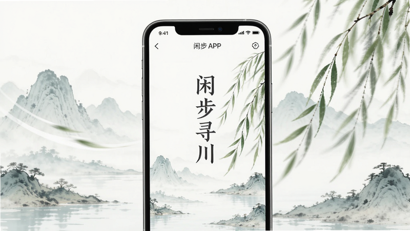 主体为手机屏幕显示闲步寻川APP界面,背景是淡雅的水墨山水画风,布局简洁居中,排版留白舒适,风格清新治愈,细节呈现微风拂过柳枝的动态效果,画质高清,干净,无多余元素,文字标注