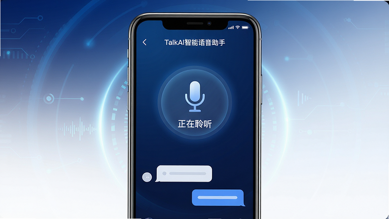 主体为TalkAI智能语音助手APP界面,手机屏幕居中显示,背景为深蓝色科技感渐变。屏幕中央显示麦克风图标和“正在聆听”字样,下方有简洁的对话气泡示例。布局对称,排版清晰,风格现代简约,细节处有光晕效果。画质高清,干净,无多余元素,文字“TalkAI智能语音助手”清晰可见。