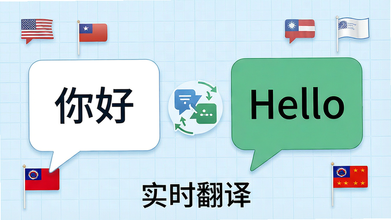 主体为两个对话气泡,左侧中文“你好”,右侧英文“Hello”,中间有翻译图标。背景为淡蓝色网格,布局左右对称,排版简洁,风格国际化,细节处有国旗标志。画质高保真,干净,无多余元素,文字“实时翻译”清晰。