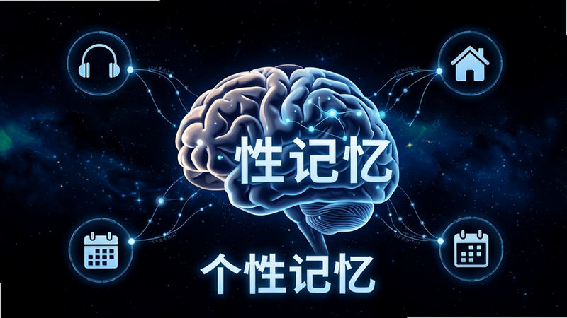 主体为大脑与人脑结合的抽象图形,周围环绕着记忆节点图标(如耳机、房子、日历)。背景为深色星空,布局中心发散,排版富有科技感,风格未来主义,细节处有神经网络连接。画质锐利,干净,无多余元素,文字“个性记忆”发光。