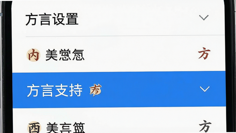 主体为设置菜单列表,高亮显示“方言支持”选项,旁边有下拉箭头。背景为白色,布局列表式,排版整齐,风格简洁,细节处有方言图标。画质清晰,干净,无多余元素,文字“方言设置”清晰。