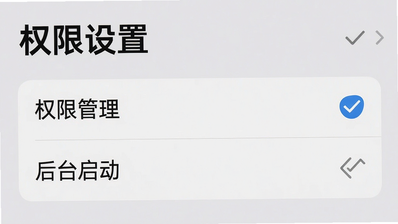主体为手机设置界面截图,高亮显示“权限管理”和“后台启动”选项。背景为浅灰色,布局垂直滚动,排版清晰,风格系统原生,细节处有勾选标记。画质清晰,干净,无多余元素,文字“权限设置”加粗。