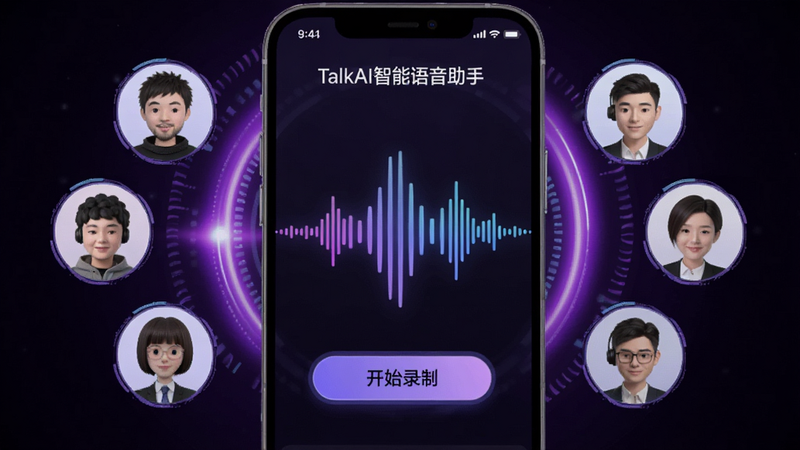 手机界面展示“TalkAI智能语音助手”的声音克隆设置页,中央有一个动态声波图形,下方有“开始录制”按钮,周围环绕着几个预设的声音角色头像,背景为紫色科技感光晕,布局对称美观,风格未来感强,细节精致,无杂乱背景,高清渲染
