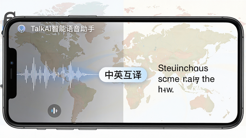 手机应用界面展示“TalkAI智能语音助手”的翻译功能,屏幕左侧显示中文语音波形,右侧显示对应的英文翻译文本,背景为淡雅的世界地图纹理,界面中央有“中英互译”标签,风格清新专业,色彩柔和,细节丰富,高分辨率屏幕显示效果