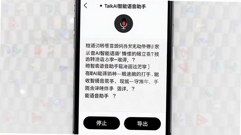 模拟手机屏幕的界面截图,展示“TalkAI智能语音助手”的语音转文字功能界面,顶部有麦克风图标正在录音,中间区域实时滚动显示黑色文字内容,底部有“停止”和“导出”按钮,UI风格极简白底黑字,布局清晰,细节锐利,无水印,高保真数码产品摄影风格