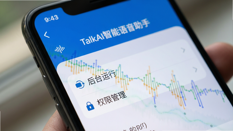 手机屏幕特写,展示“TalkAI智能语音助手”的设置界面,焦点在“后台运行”和“权限管理”选项上,背景虚化,突出设置项的重要性,风格写实,光影自然,细节清晰,无多余装饰,高清数码摄影