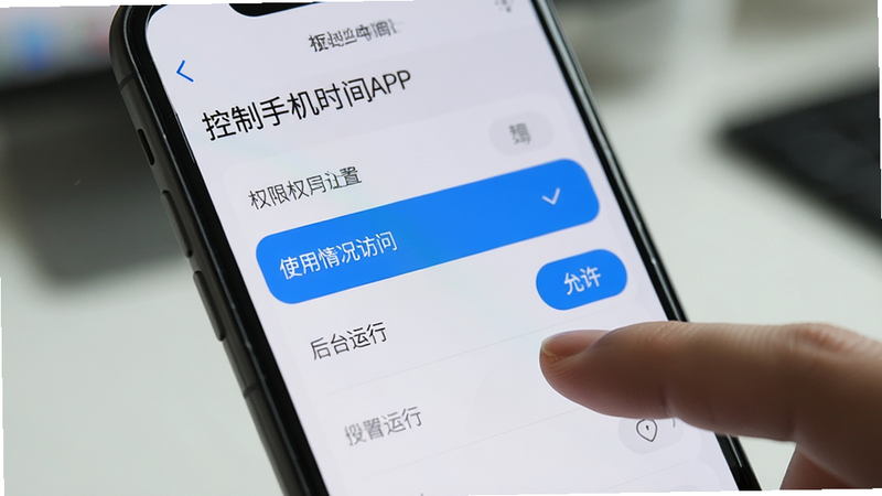 主体是手机屏幕特写,显示'控制手机时间'APP的权限设置页面,布局为列表式,高亮显示'使用情况访问'和'后台运行'两个选项,手指正点击'允许'按钮,背景虚化,风格写实,细节清晰,展现操作过程,画质高,干净,无多余元素