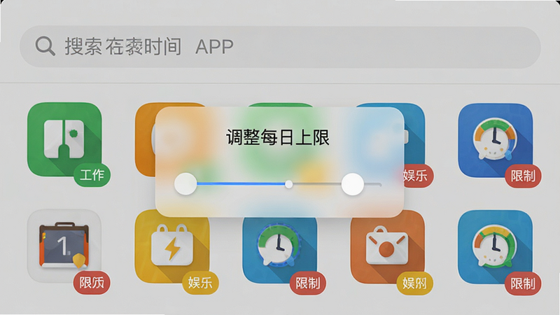 主体是'控制手机时间'APP内的应用列表界面,布局为上下结构,顶部是搜索栏,下方是应用图标网格,每个图标右下角带有不同颜色的小标签(绿色代表工作、黄色代表娱乐、红色代表限制),中间弹出一个半透明的设置卡片,显示'调整每日上限'的滑块,风格扁平化,细节丰富,色彩搭配和谐,画质高清,干净,无多余元素