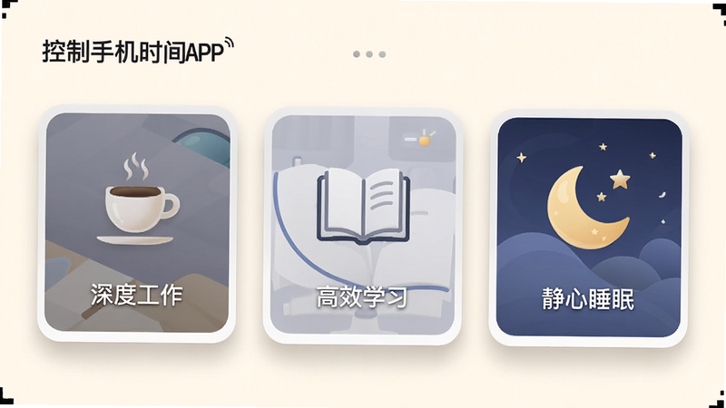 主体是'控制手机时间'APP的模式选择界面,布局为卡片式排列,展示三个主要模式卡片:'深度工作'、'高效学习'、'静心睡眠',每个卡片上有对应的图标(如咖啡杯、书本、月亮),背景为柔和的米白色,风格温馨且专业,细节处有细微的阴影效果以增加层次感,画质细腻,干净,无多余元素