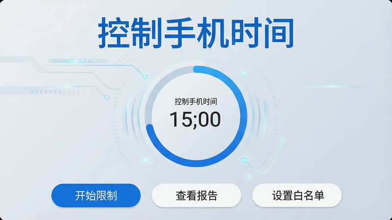 主体为一款名为'控制手机时间'的安卓应用界面展示,布局采用居中对称设计,上方显示醒目的蓝色大标题'控制手机时间',中间是一个圆形的进度环,环内显示剩余时间数字,下方排列三个功能按钮'开始限制'、'查看报告'、'设置白名单',背景为干净的浅灰蓝色渐变,风格简约现代,细节处体现科技感,画质清晰,无多余元素,干净