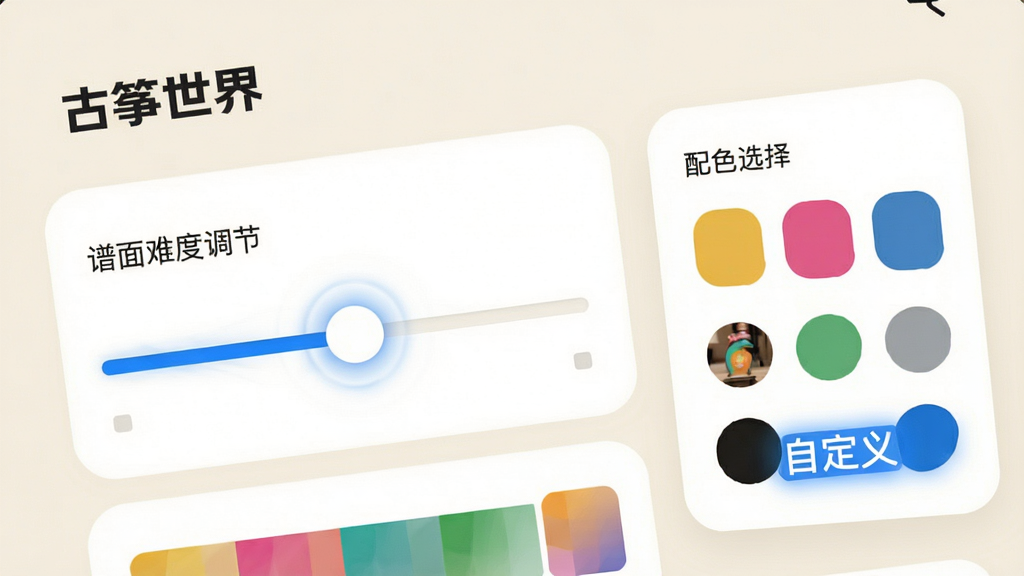 主体为《古筝世界》APP的设置界面,展示谱面难度调节滑块与配色选择器,布局为模块化的卡片式设计,背景为浅米色,风格为现代简约UI,细节展现滑块的动态效果与色彩块的鲜艳度,画质精细,干净,无多余元素,文字“自定义”以蓝色高亮显示