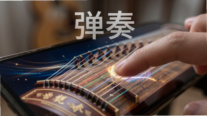 主体为手指在智能手机屏幕上滑动弹奏《古筝世界》的特写镜头,布局聚焦于指尖与屏幕接触点,背景虚化处理以突出主体,风格为写实摄影风格,细节展现屏幕上的流光特效与古筝纹理,画质高清,干净,无多余元素,文字“弹奏”以半透明形式悬浮于上方