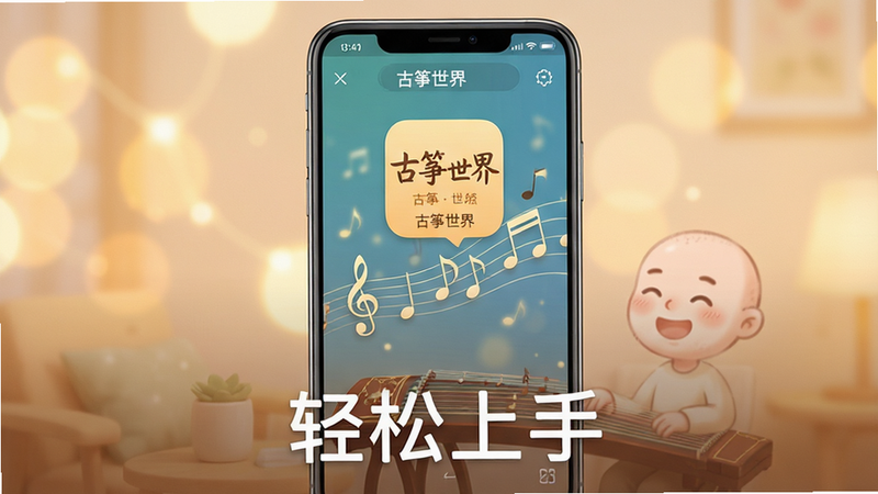 主体为《古筝世界》APP在安卓手机上的运行效果展示,布局为手机居中,背景为柔和的暖色调光斑,风格为温馨生活化场景,细节展现屏幕上的音符动画与用户满意的表情暗示(通过界面反馈呈现),画质柔和,干净,无多余元素,文字“轻松上手”以白色字体显示于画面下方